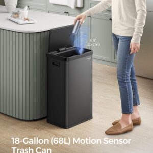 SONGMICS Motion Sensor Trash Can, 18-Gallon (68L) Automatic Kitchen Garbage Can with Stay-Open Lid, Soft Close, Stainless Steel, 15 Trash Bags Included, Ink Black ULTB630B68