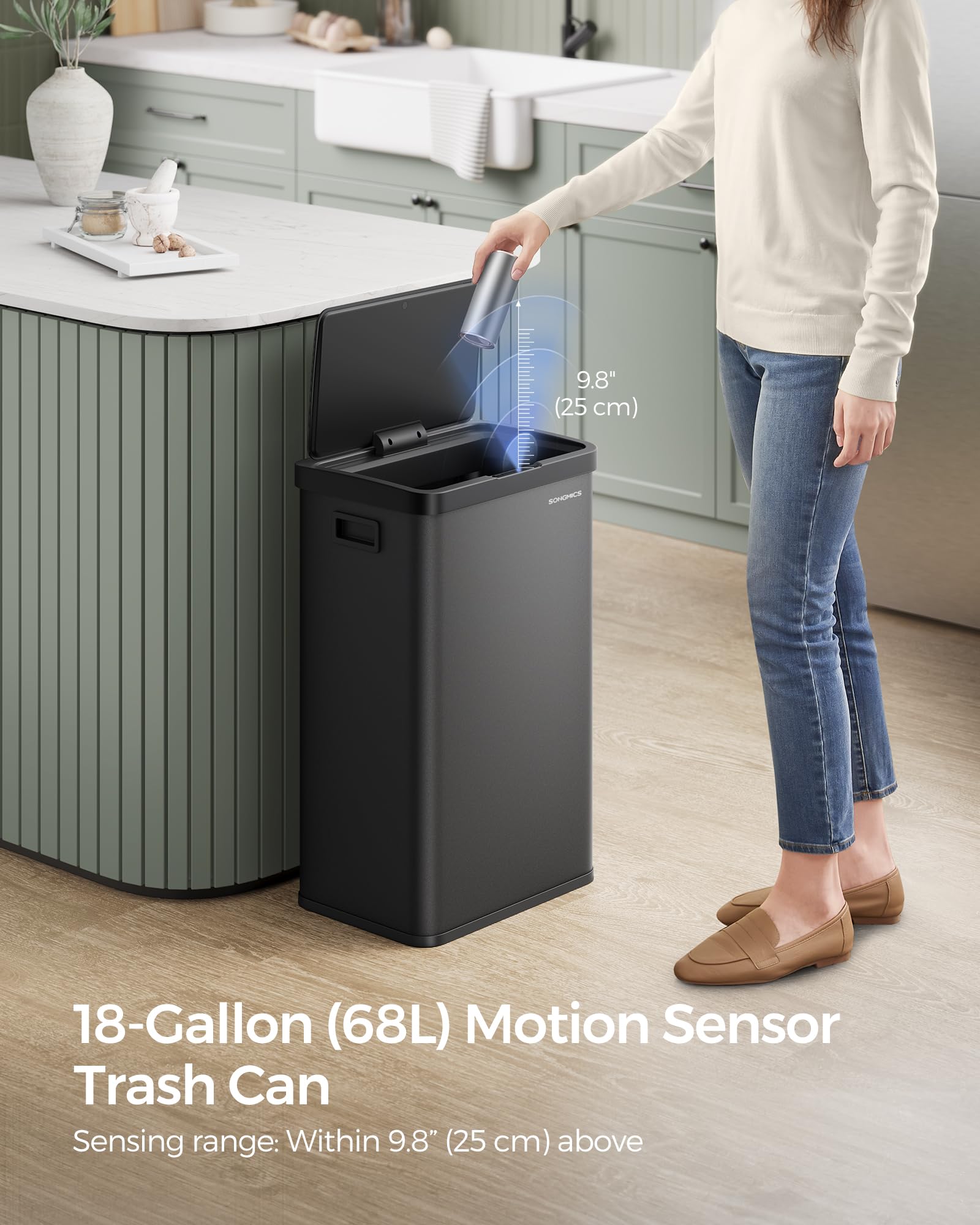 SONGMICS Motion Sensor Trash Can, 18-Gallon (68L) Automatic Kitchen Garbage Can with Stay-Open Lid, Soft Close, Stainless Steel, 15 Trash Bags Included, Ink Black ULTB630B68