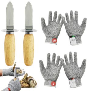 6pcs oyster shucking knife gloves set,2pcs stainless steel oyster knives with wooden handle,2 pairs level 5 cut resistant protection gloves m&l,knife shucker for seafood oysters clam shell shucking