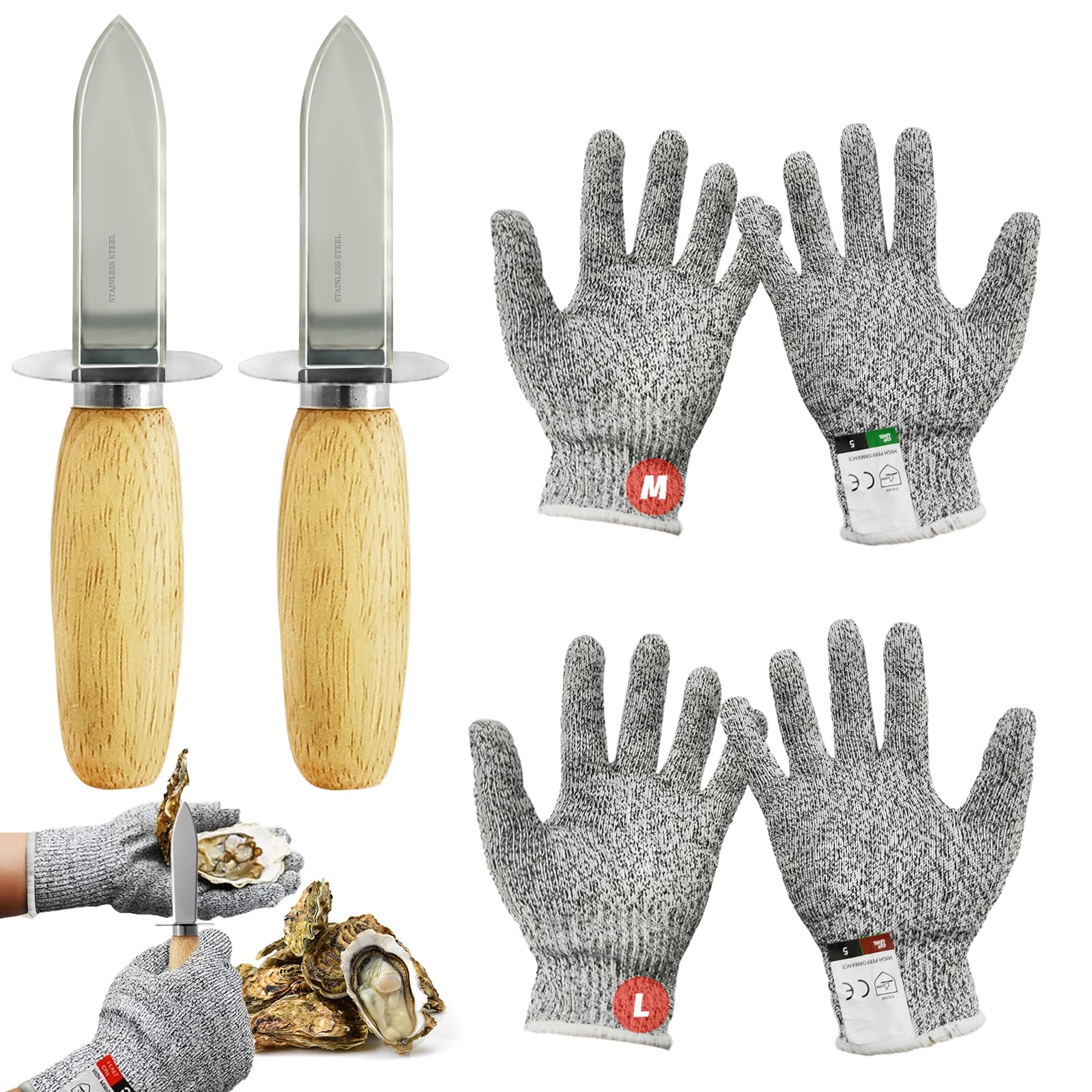 6pcs Oyster Shucking Knife Gloves Set,2pcs Stainless Steel Oyster Knives with Wooden Handle,2 Pairs Level 5 Cut Resistant Protection Gloves M&L,Knife Shucker for Seafood Oysters Clam Shell Shucking