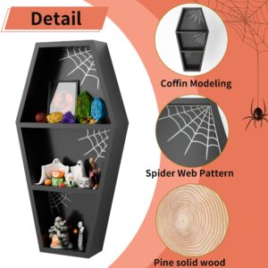 Beskadi Goth Coffin bookshelf 24 inches with Spider Web, Wooden Tall Coffin Shelf Stand Gothic Decor, Crystal Shelf for Display, Black Spooky Curio Shelf for Home Decor, Witchy Room Decor for Oddities