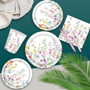 122PCS Wildflower Baby Shower Party Supplies for Girls First Birthday Spring Floral Wedding Party Decorations Disposable Plates Napkin Cups Tablecloth Banner Tableware Set for 20 Guests