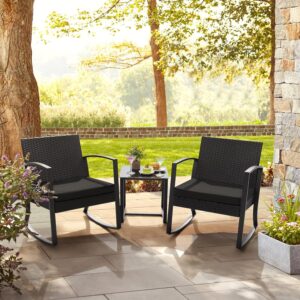 Homall Patio Furniture Set 3 Piece Resin Outdoor Bistro Set Rocking Patio Chairs with Cushions and Table for Porch, Poolside, Balcony and Yard (Black)