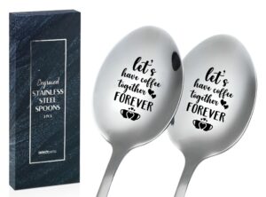 coffee spoons for couples, 2 pcs stainless steel engraved coffee spoons, coffee lovers gifts, gift ready package, let's have coffee together forever