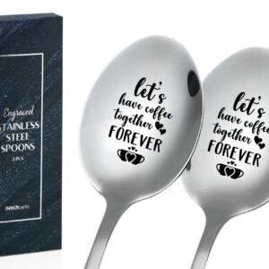 Coffee Spoons for Couples, 2 Pcs Stainless Steel Engraved Coffee Spoons, Coffee Lovers Gifts, Gift Ready Package, Let's Have Coffee Together Forever