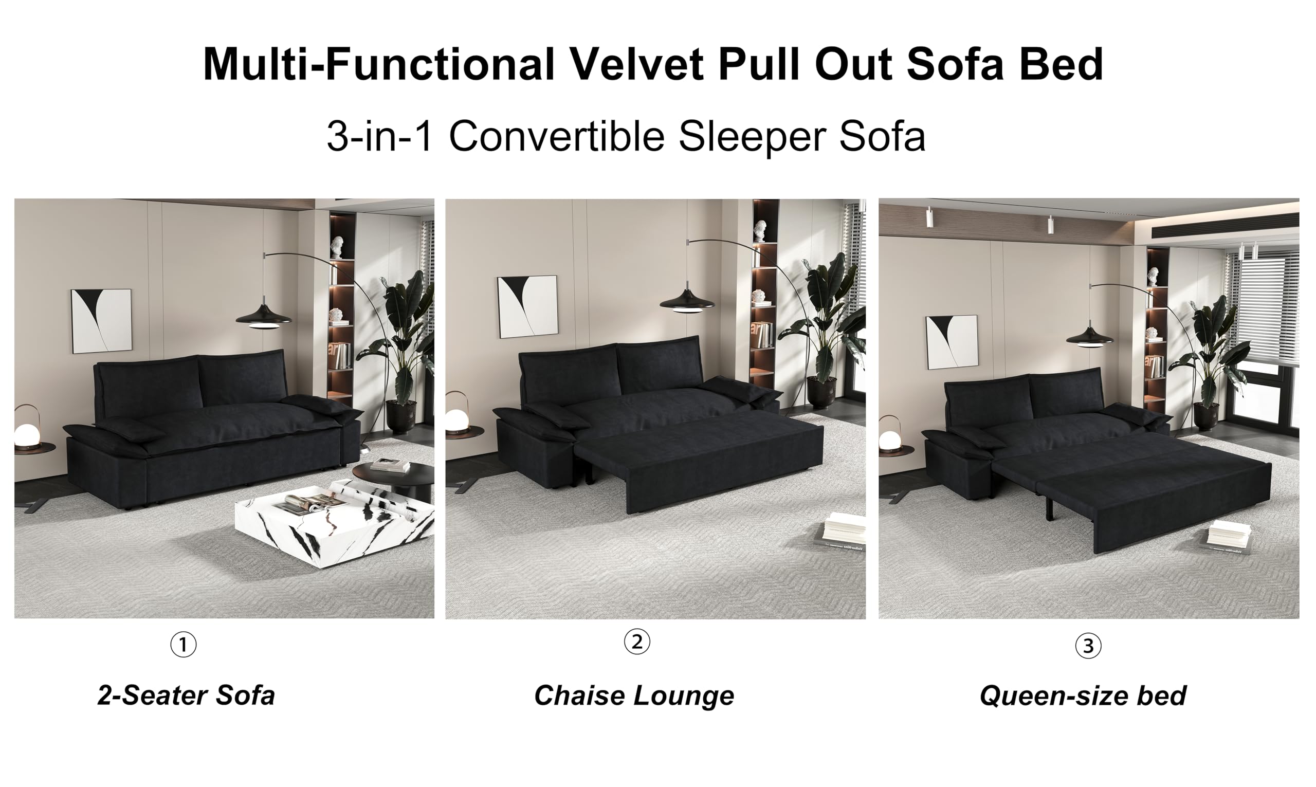 HomSof 70.1" Queen Pull Out Sofa Bed, 3-in-1 Convertible Sleeper Sofa with 2 Soft Pillows,Multi-Functional Velvet Loveseat Bed,Black