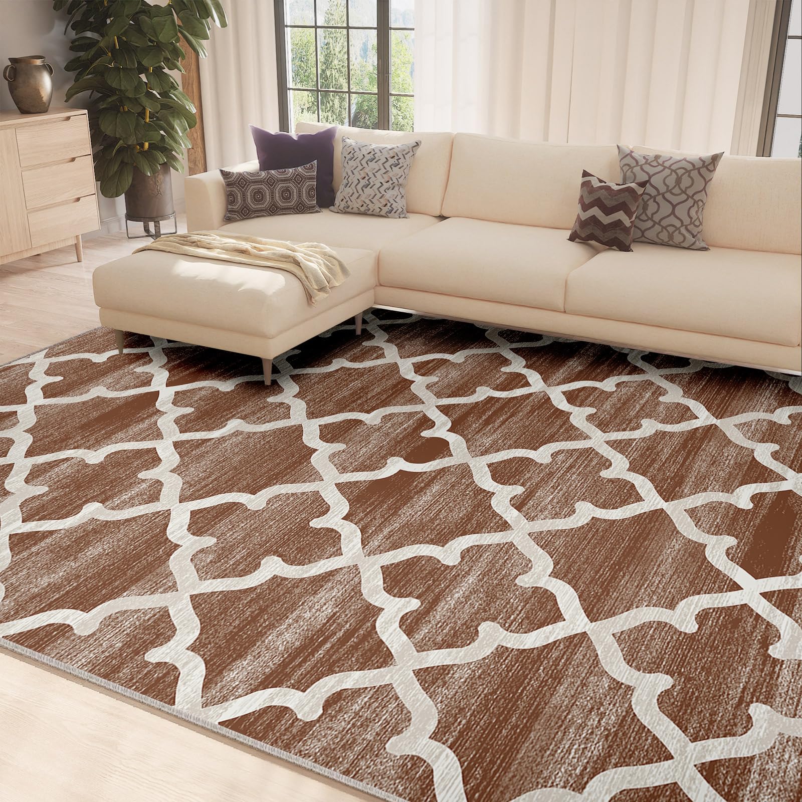 RELEANY 8x10 Area Rugs for Living Room Machine Washable Non-Slip Brown Rugs Moroccan Modern Trellis Carpet for Dining Room Bedroom Kitchen Indoor Entryway Laundry Room