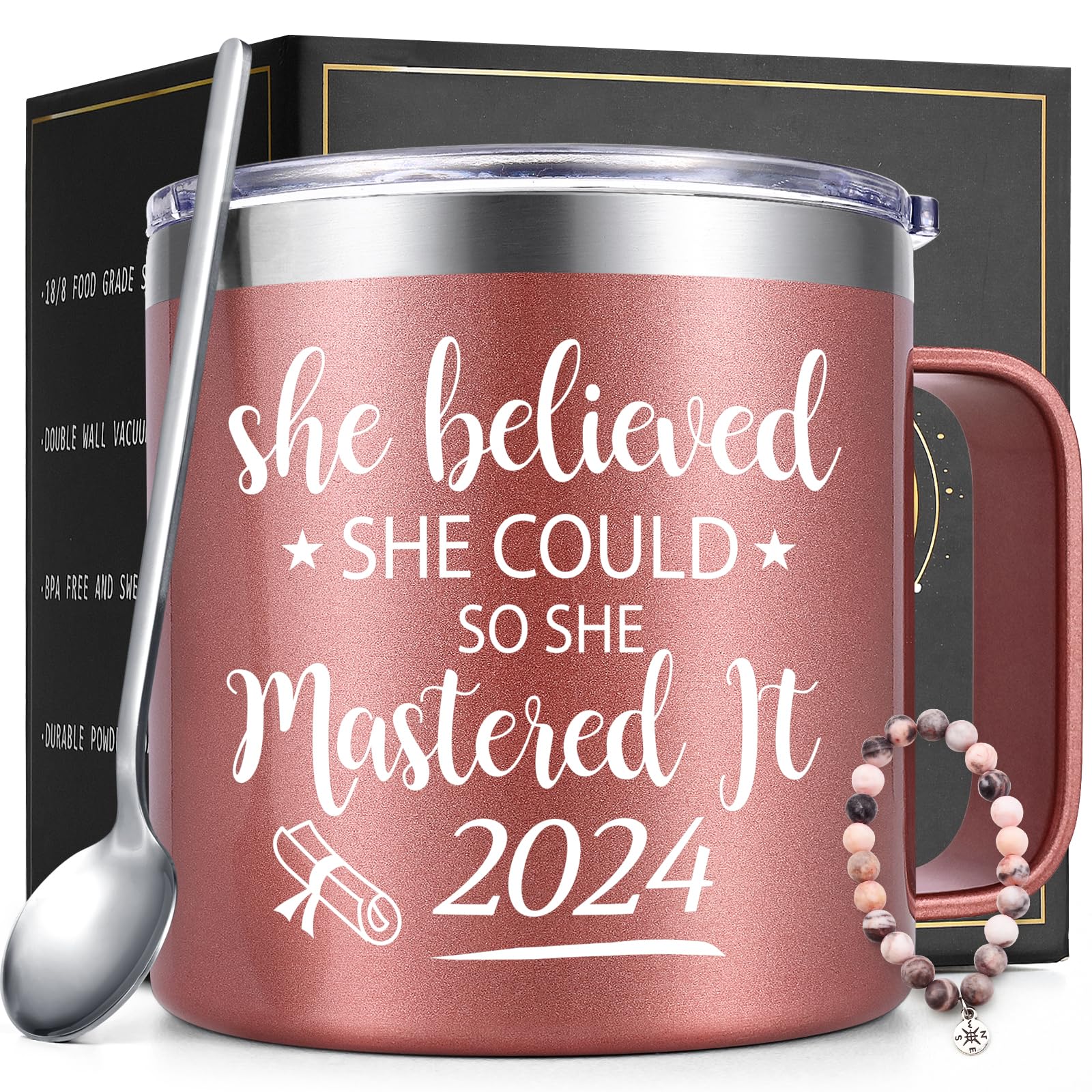 Lifecapido Graduation Gifts, Masters Degree Graduation Gifts, College Graduation Gifts for Her, Graduation Insulated Coffee Mug with Lid, Inspirational Gifts for Women Sister Friends, 14OZ Rose Gold