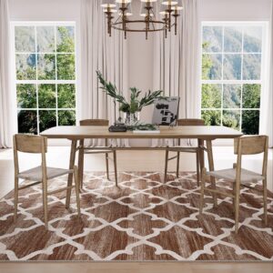 RELEANY 8x10 Area Rugs for Living Room Machine Washable Non-Slip Brown Rugs Moroccan Modern Trellis Carpet for Dining Room Bedroom Kitchen Indoor Entryway Laundry Room