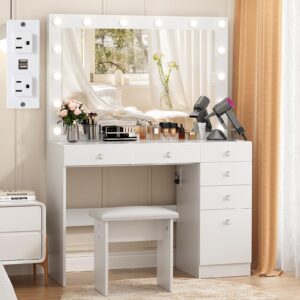 vowner vanity with lights - 43" makeup vanity desk with power outlet, 5 drawers and 1 cabinet, 3 color lighting modes with adjustable brightness,makeup desk with stool for women girls, white