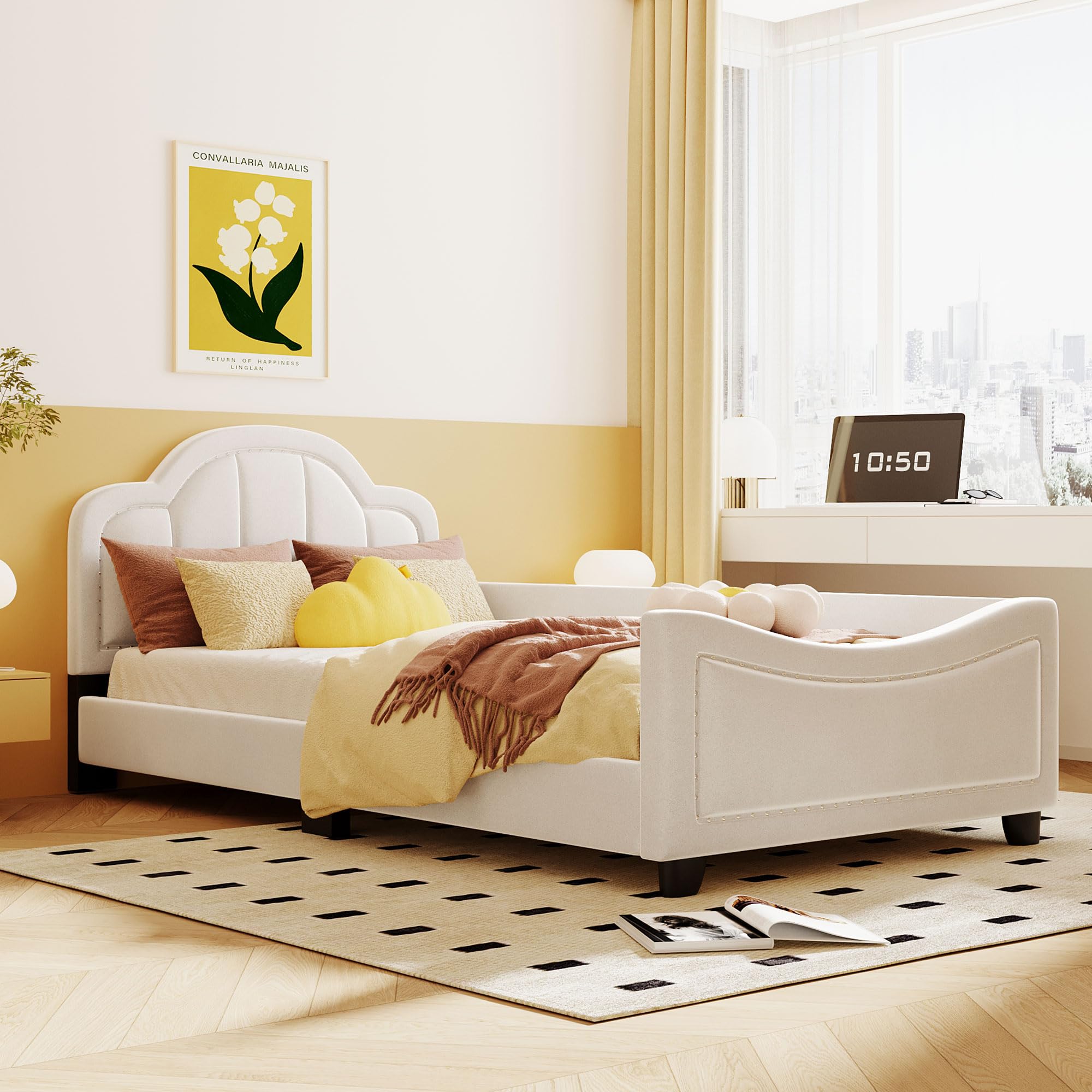 Elegant Twin Size Upholstered Daybed with Cloud Shaped Headboard and Embedded Copper Nail,for Kids Boys Girls Teens Bedroom Use (Beige@Cloud, Twin)