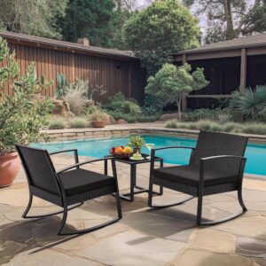 Homall Patio Furniture Set 3 Piece Resin Outdoor Bistro Set Rocking Patio Chairs with Cushions and Table for Porch, Poolside, Balcony and Yard (Black)