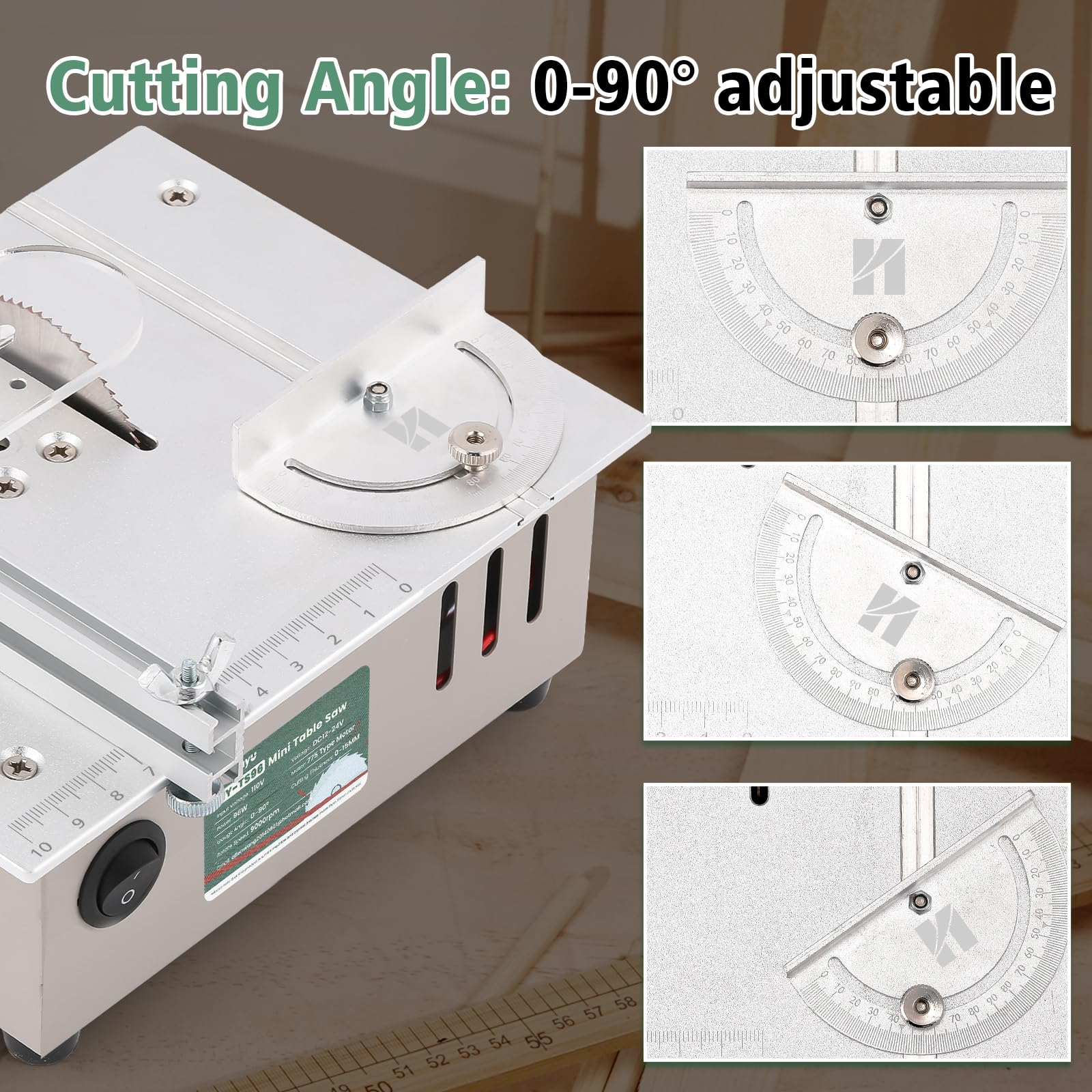 Huanyu Mini Table Saw 96W 9000RPM Hobby Electric Saw 7-Level Speed Adjustable 0-90 Angle 15MM Cutting Depth with Blade Model DIY Crafts Cutting Tool for Precision Cut Metal Wood Plastic Acrylic