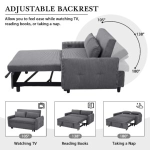 Modern Convertible Pull-out Sofa Bed with Adjustable Backrest, 2 Seat Loveseat Sofa Couch, Corduroy Fabric Sleeper Sofa with 2 Throw Pillows and USB Ports for Living Room Office (DARK GREY-2)