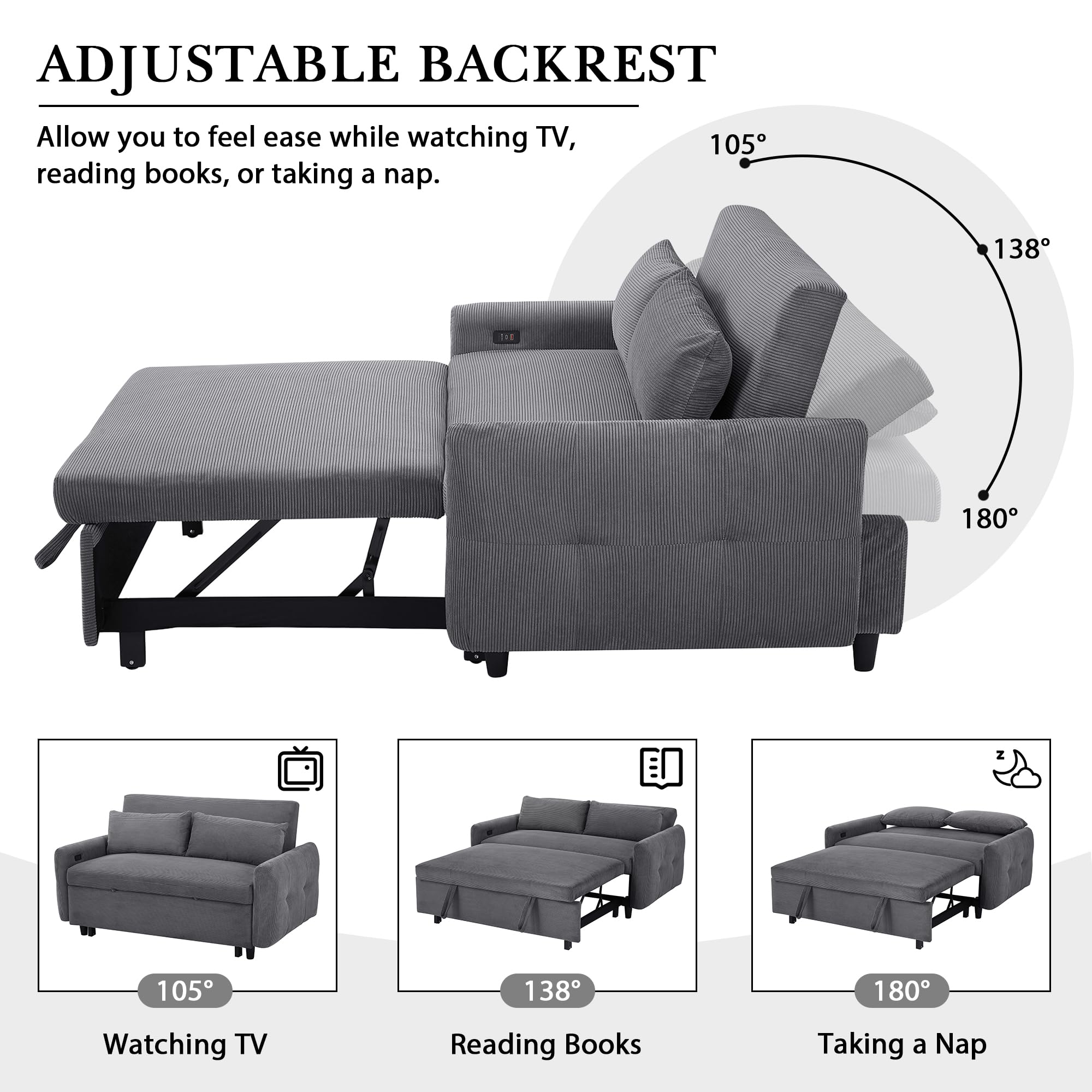 Modern Convertible Pull-out Sofa Bed with Adjustable Backrest, 2 Seat Loveseat Sofa Couch, Corduroy Fabric Sleeper Sofa with 2 Throw Pillows and USB Ports for Living Room Office (DARK GREY-2)