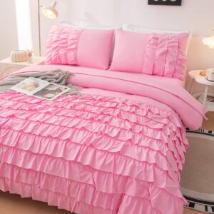 Yadangxiawa Teen Girls Pink Princess Dress Comforter Set Queen Size, 5 Pcs Bed in a Bag Girls Queen, Girls Pink Ruffled Bedding Set, Teen Bedding Sets for Girls Kids with Sheets