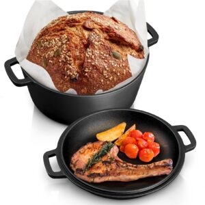 teamfar 5qt dutch oven pot with lid, 2-in-1 pre-seasoned cast iron dutch oven stock pot with lid for bread baking, healthy & fit various heat sources