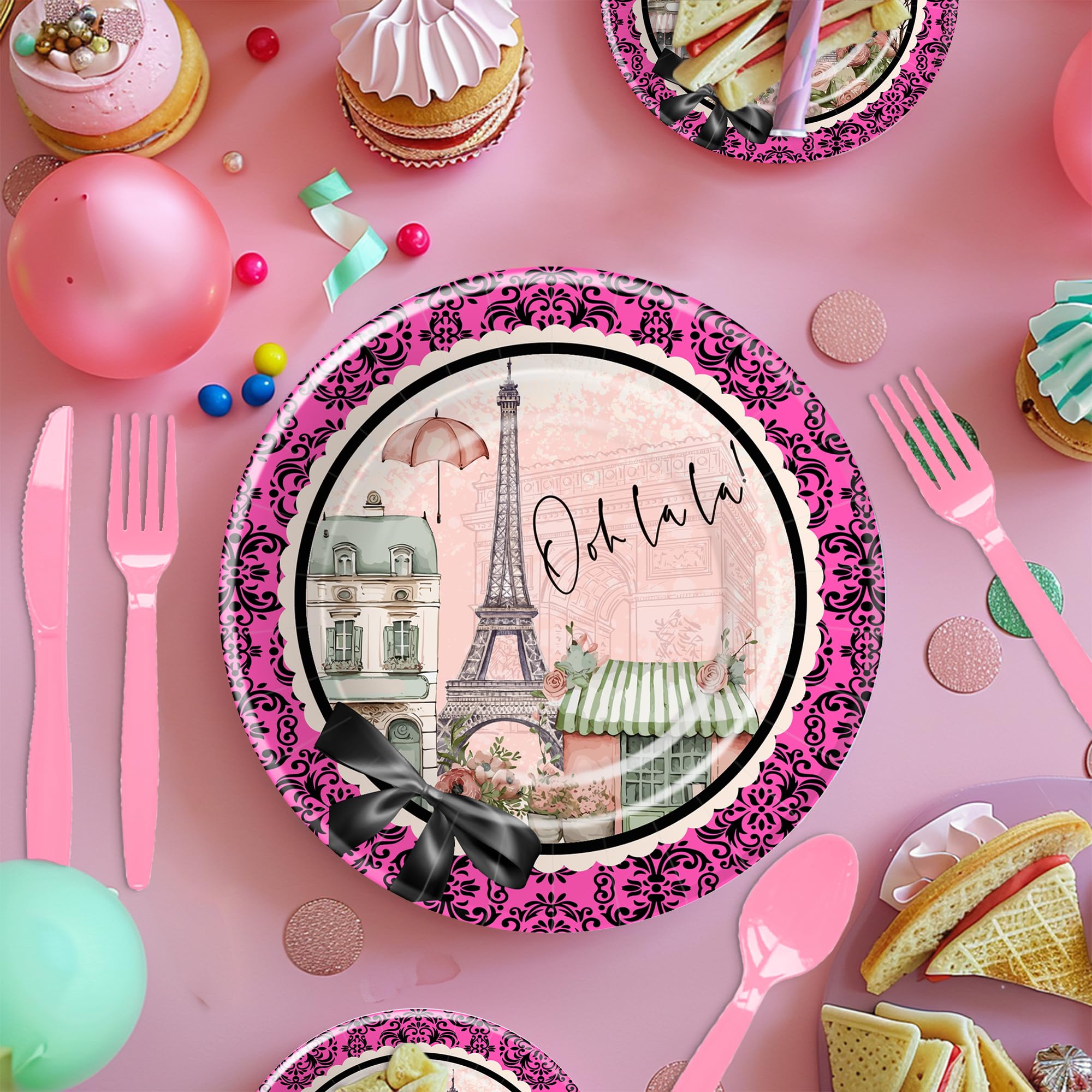 YJRJSC Eiffel Tower Paris Party Decorations Girl - Paris Theme Party Tableware, Paper Plate, Napkin, Tablecloth, Disposable Fork, Paris Birthday Baby Shower Bridal Weddings Party Supplies | Serves 24