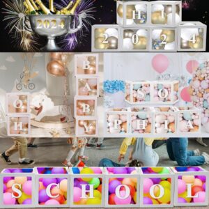 Ledido White Transparent Balloon Boxes With 78 Letters, 13.2" Big Name Boxes for Baby Shower Clear Baby Boxes for Gender Reveal, Birthday Wedding, Graduation Prom Party Decorations -6 PCS