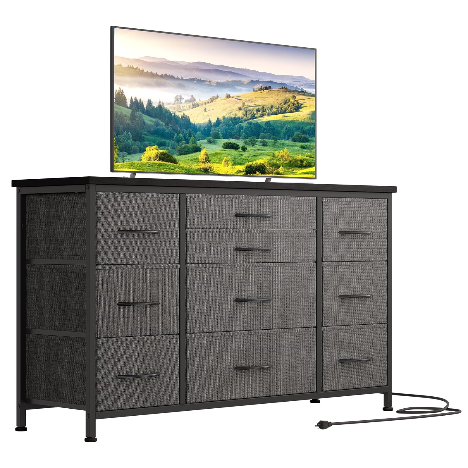 GAOMON Wide Dresser with 10 Large Drawers for 55'' Long TV Stand with Power Outlet Entertainment Center, Storage Fabric Drawer Unit for Bedroom, Living Room, Closet, Entryway, Sturdy Metal Frame