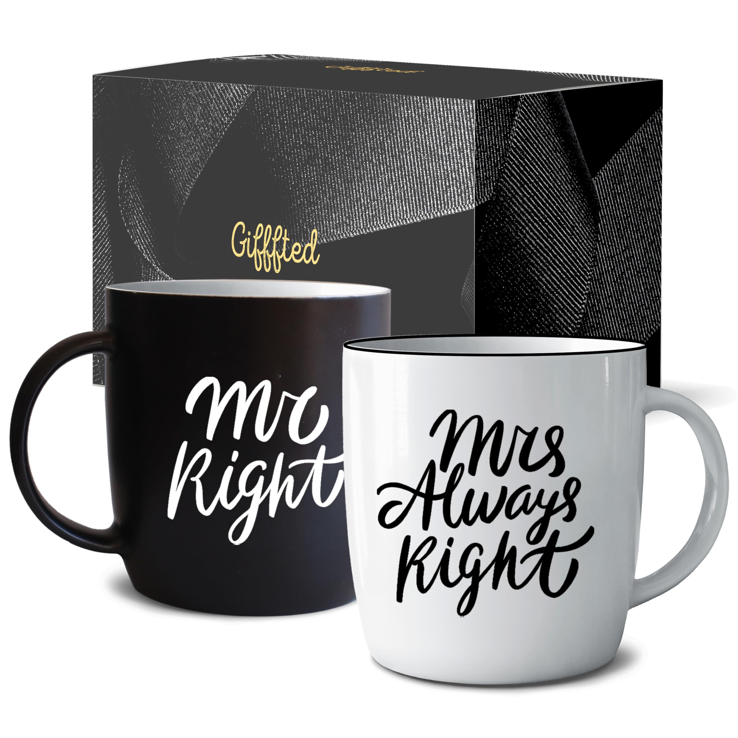 Triple Gifffted Mr Right Mrs Always Right Coffee Mugs Gifts Ideas for Couples, Wedding Anniversary, Engagement, Christmas, His & Hers, Bride and Groom, Parents, Newlyweds Bridal Shower, Ceramic 380ml