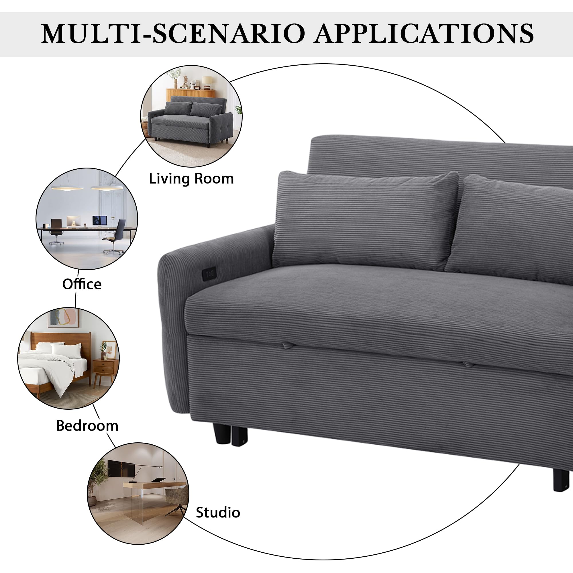 Modern Convertible Pull-out Sofa Bed with Adjustable Backrest, 2 Seat Loveseat Sofa Couch, Corduroy Fabric Sleeper Sofa with 2 Throw Pillows and USB Ports for Living Room Office (DARK GREY-2)