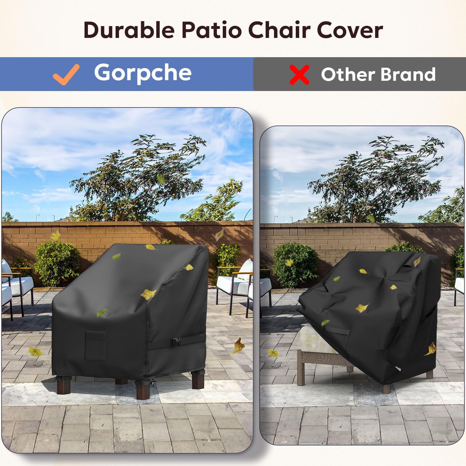 Outdoor Chair Covers For Patio Furniture Waterproof, Gorpche Patio Chairs Covers with Fastener Windproof Buckle Straps, Heavy Duty Lawn Outdoor Furniture Covers fits up to 31 x 33 x 36 inches(2 Pack)