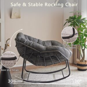 YDcosyfy Papasan Rocking Chair with Thick Cushion, Indoor Outdoor Comfy Patio Chair with Upgraded Steel Frame Oversized Wicker Lounge Chair for Front Porch, Garden, Bedroom, Living Room,Grey