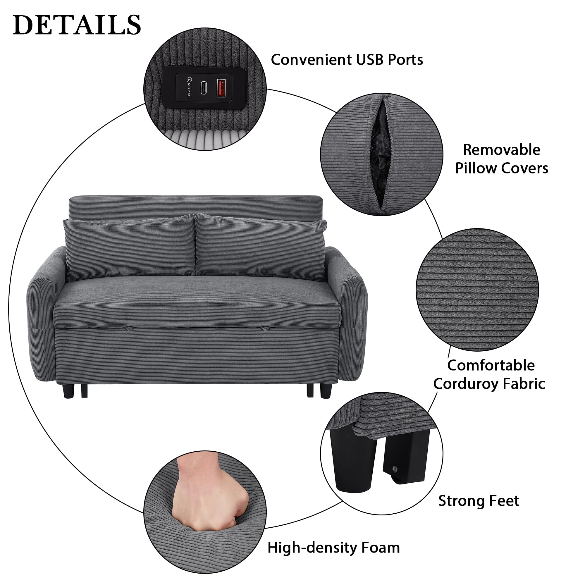 Modern Convertible Pull-out Sofa Bed with Adjustable Backrest, 2 Seat Loveseat Sofa Couch, Corduroy Fabric Sleeper Sofa with 2 Throw Pillows and USB Ports for Living Room Office (DARK GREY-2)