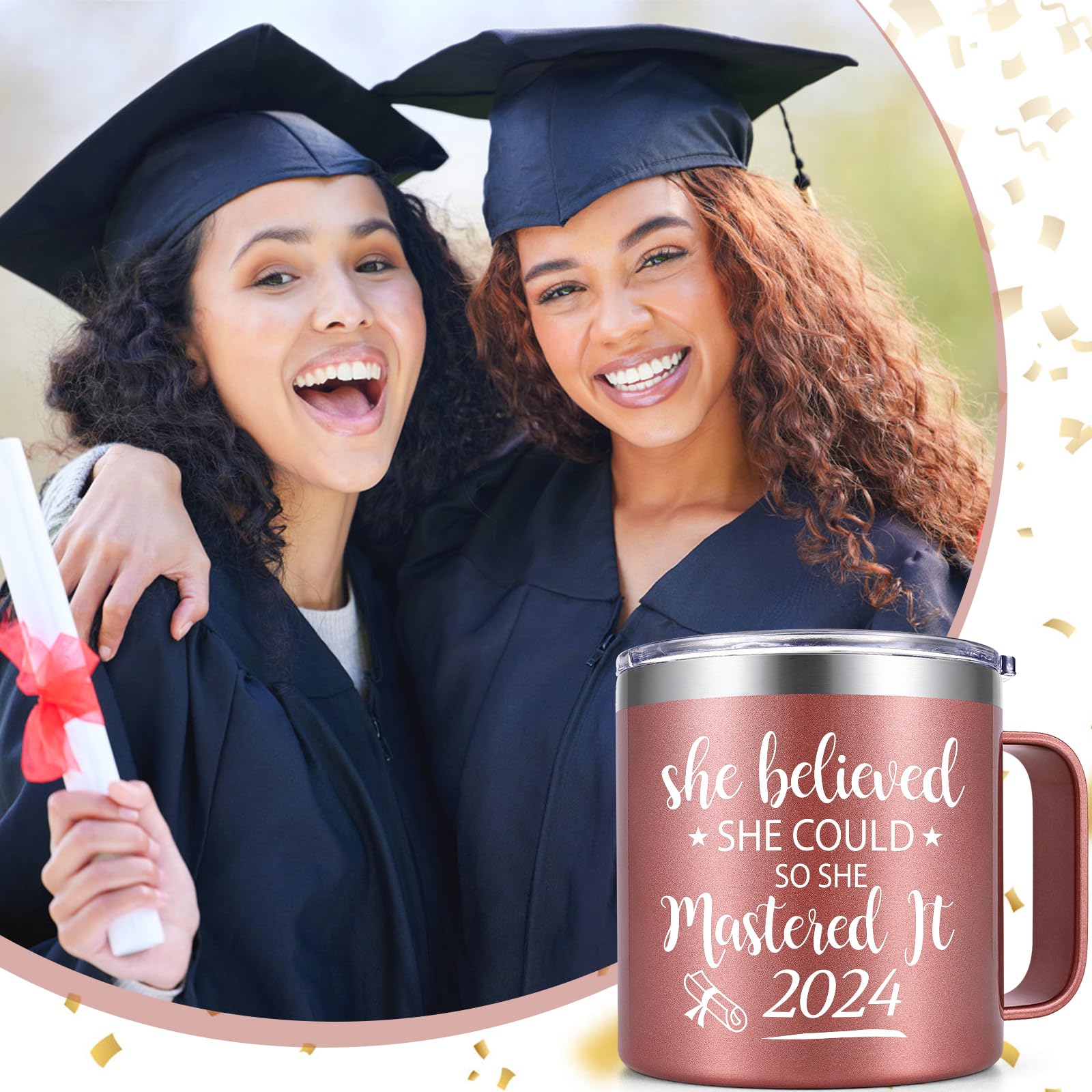 Lifecapido Graduation Gifts, Masters Degree Graduation Gifts, College Graduation Gifts for Her, Graduation Insulated Coffee Mug with Lid, Inspirational Gifts for Women Sister Friends, 14OZ Rose Gold