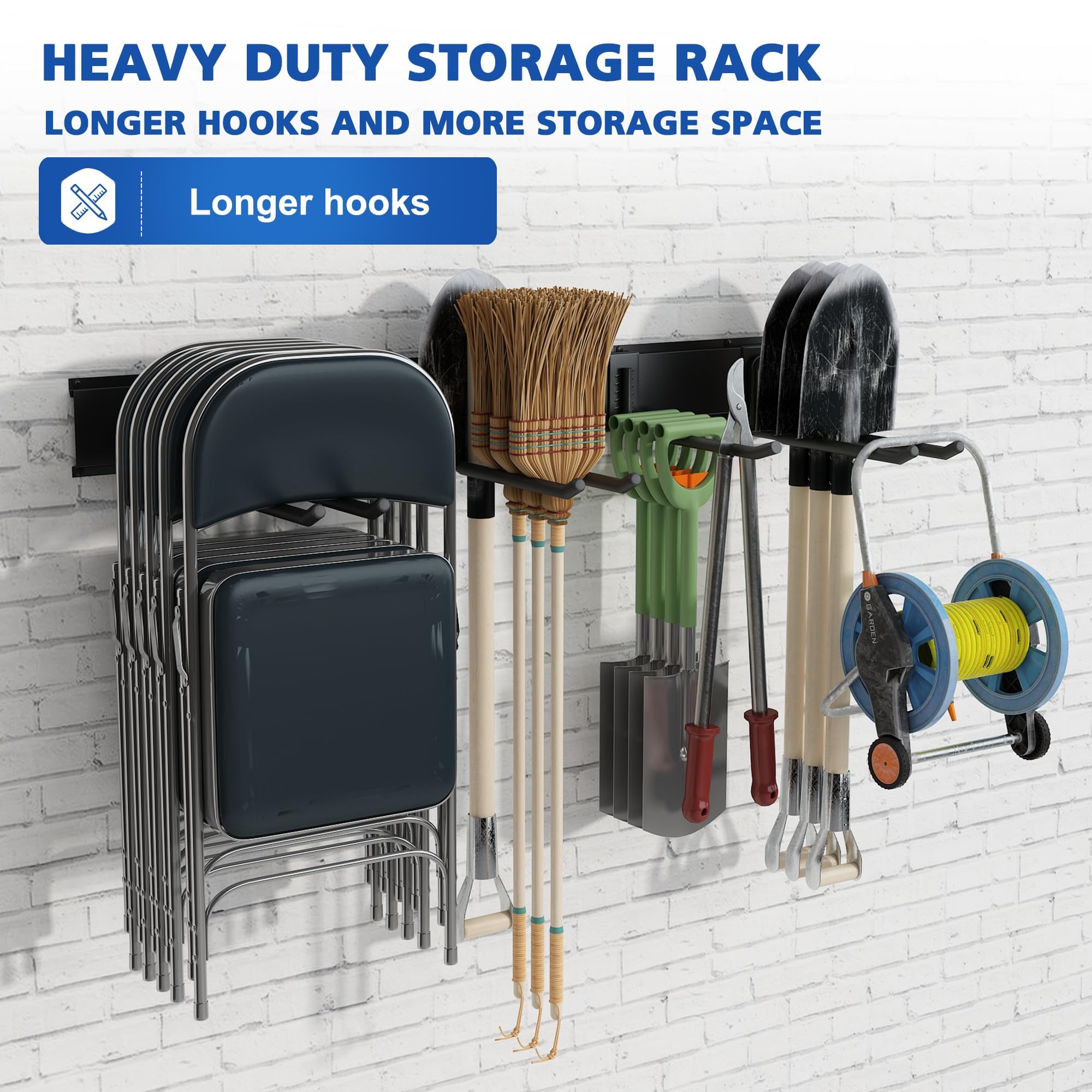 Bezuny Heavy Duty Garage Garden Tool Organizer - 95" Wall Mounted Storage Rack with 2 Shelves, 12 Removable Hooks, Holds Up to 1400 lbs - Perfect Yard Tool Storage Solution