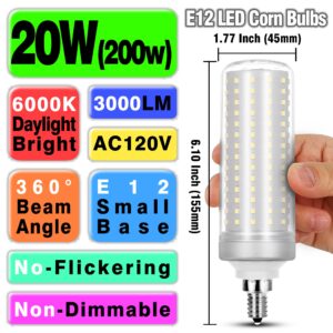 Big 1.77x 6.1 inch, E12 200w Equivalent LED Candelabra Bulbs C7,6000K Daylight Bright White,3000 lm T6 E12 20W LED Chandelier Light Bulbs for Ceiling Pendant Lighting Floor Lamp,Non-dimmable,3 Pack