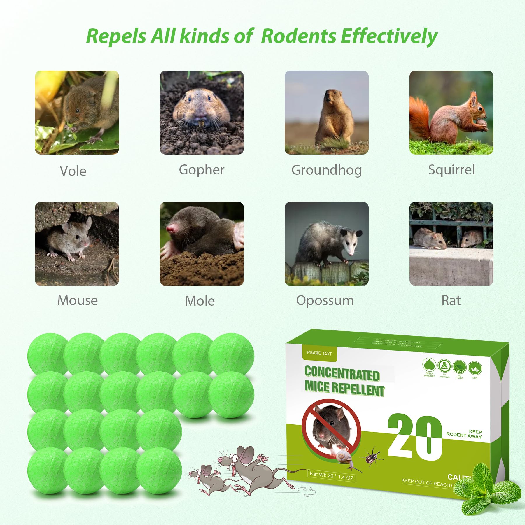 MAGIC CAT Rodent Repellent 20 Pack, Natural Peppermint Oil to Repel Mice & Rats for House Pet Family Safe, Rat Deterrent Mouse Stopper for Closet Garage Boat Car RV Truck Indoor Outdoor Rodent Control