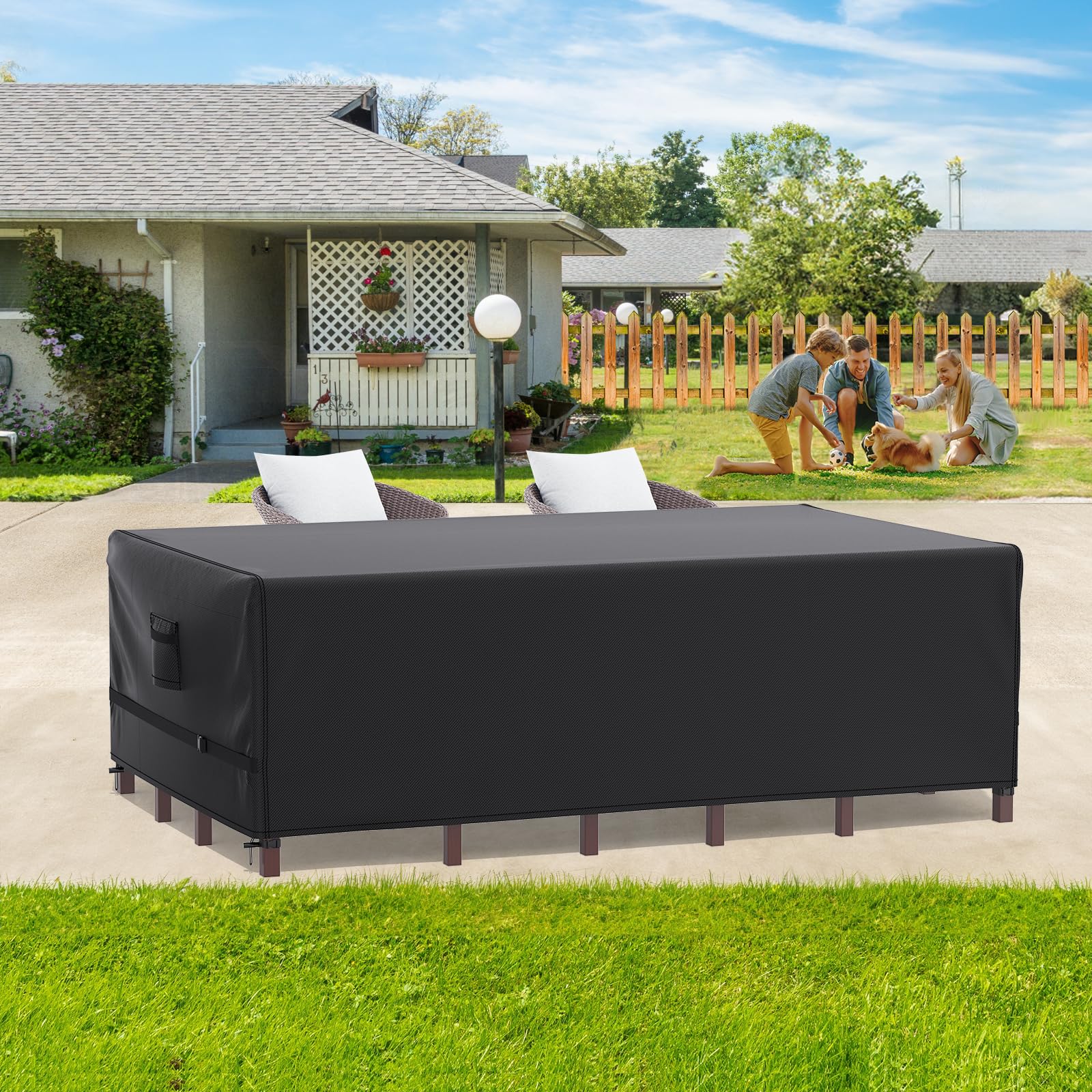 Patio Furniture Covers, Gorpche Outdoor Furniture Covers Waterproof, Tear-Resistant Patio Table and Chair Set Cover with Upgraded Fastener Windproof Buckle Straps, Heavy Duty, 90"L× 62"W×28"H, Black