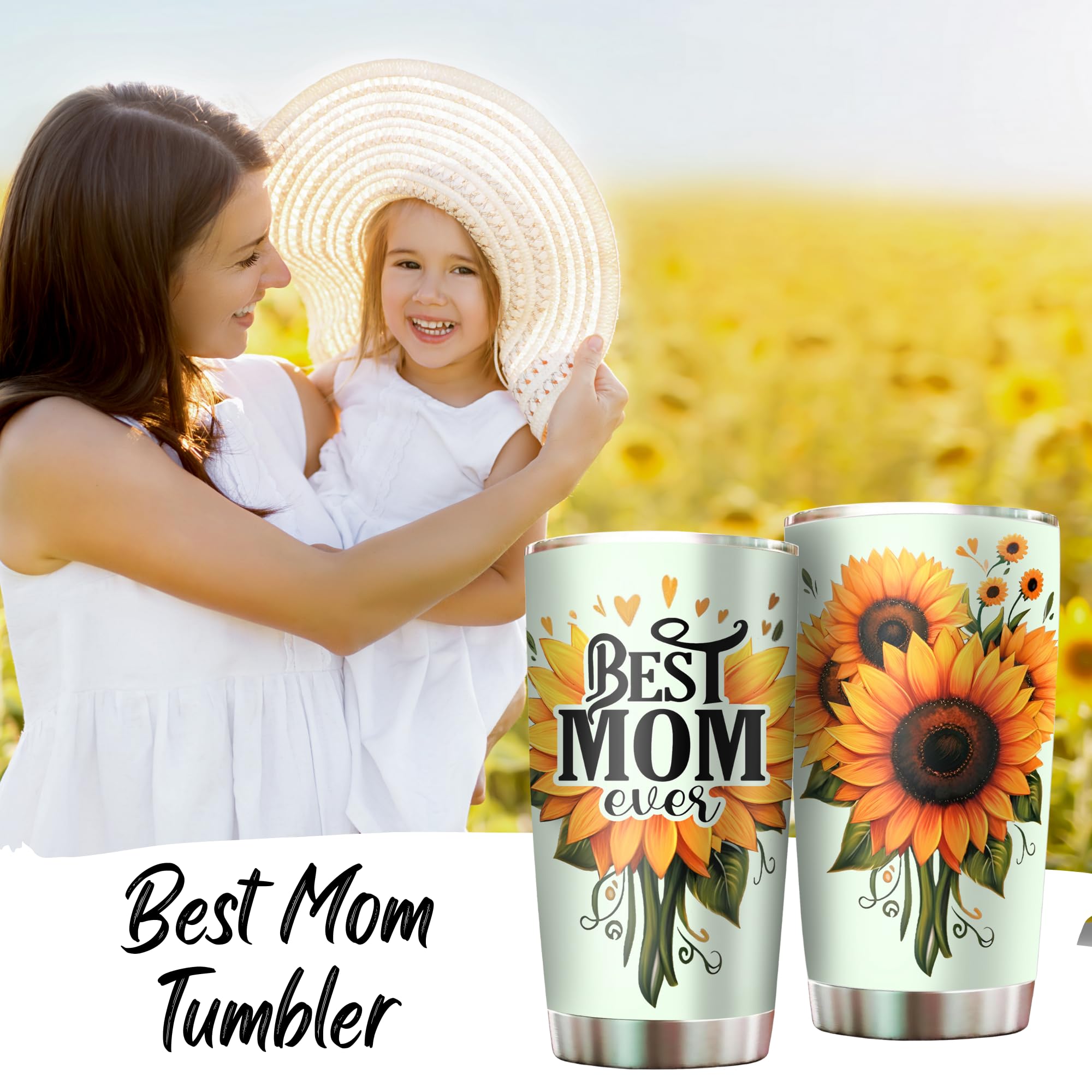 Best Mom Ever Mom Tumbler - Drinking Cup for Mom Gifts for Mom from Daughter Son Kids Mothers Day Cup - Worlds Best Mom Mug Mothers Birthday Sunflower Gifts for Women 20oz Stainless Steel Tumbler