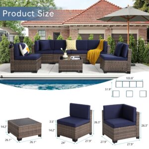 LOUVIXA 7 Pcs Outdoor Patio Furniture Set, Outdoor Sectional Furniture, Rattan Chairs Glass Table Wicker Conversation Seating Sectional Sofa with Cushions Multicolor (Navy/Brown-BackA, 7 Piece)