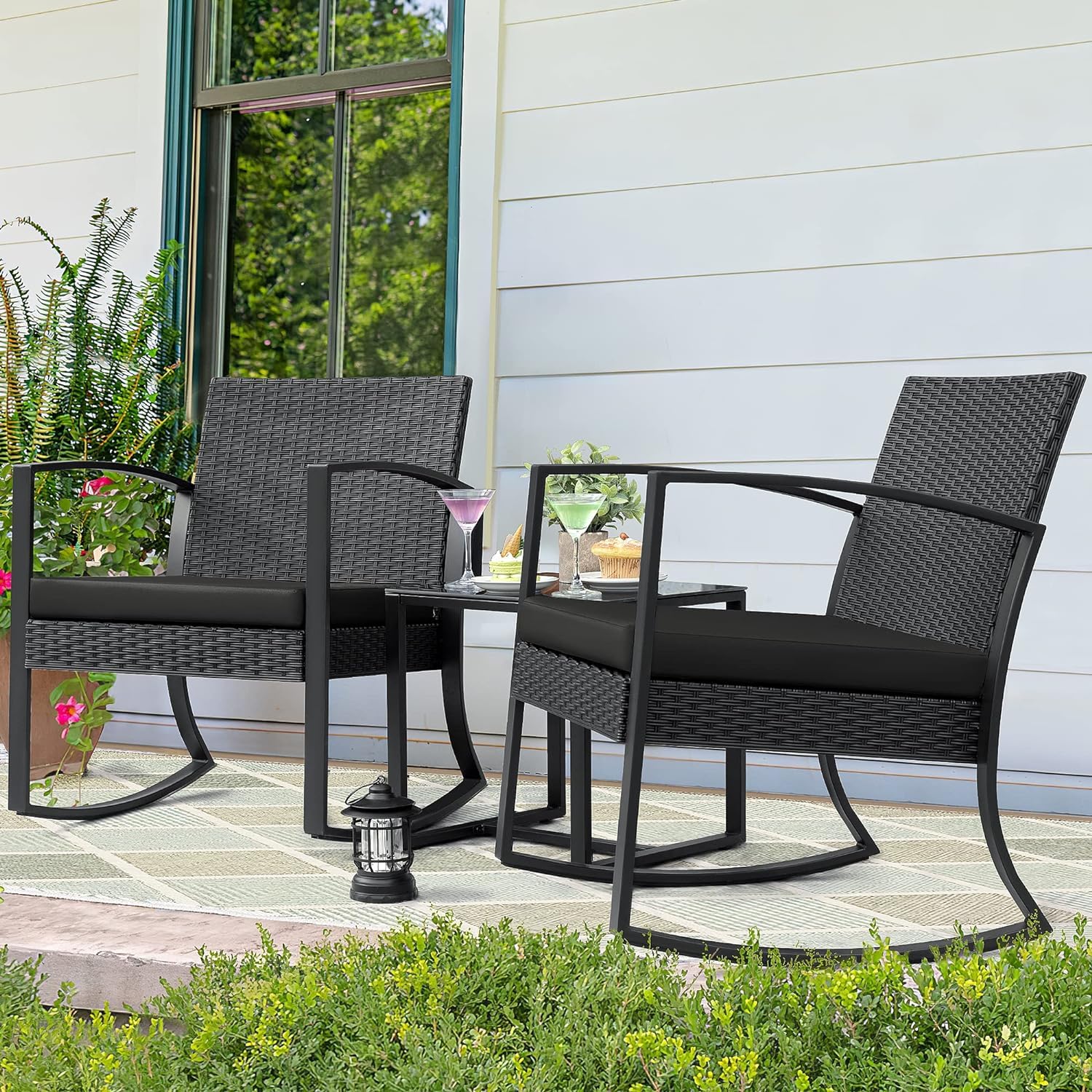 Homall Patio Furniture Set 3 Piece Resin Outdoor Bistro Set Rocking Patio Chairs with Cushions and Table for Porch, Poolside, Balcony and Yard (Black)