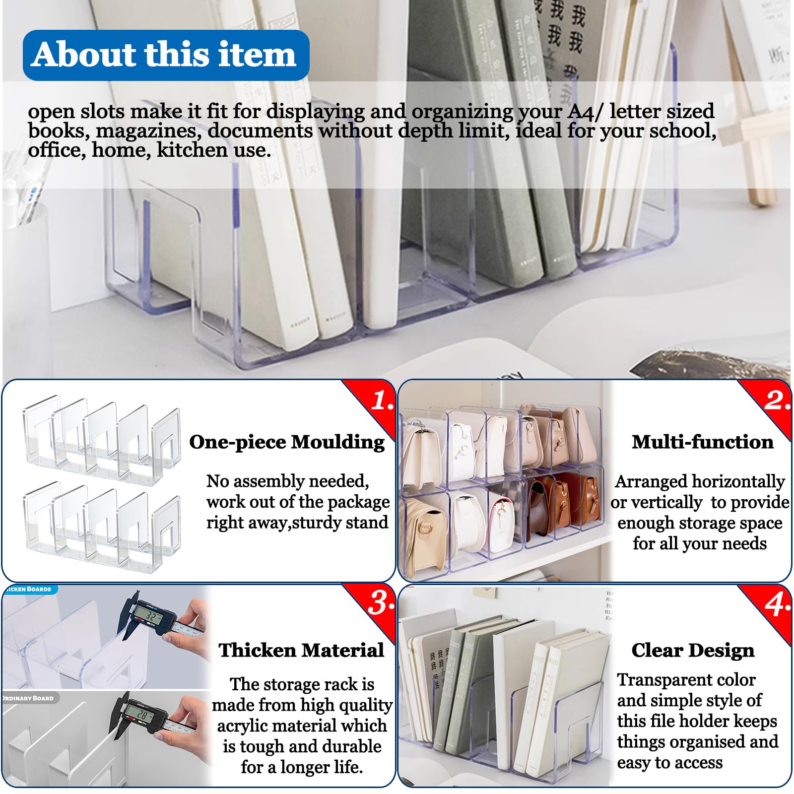 Lemical Clear Acrylic File Sorter 2 Pack Handbag Clutch Purse Organizer Acrylic Shelf Divider Drawer Organizers for Clothes Pouch Notebooks Stand Bookshelf Cooking Utensil (2Pack-4Sections)