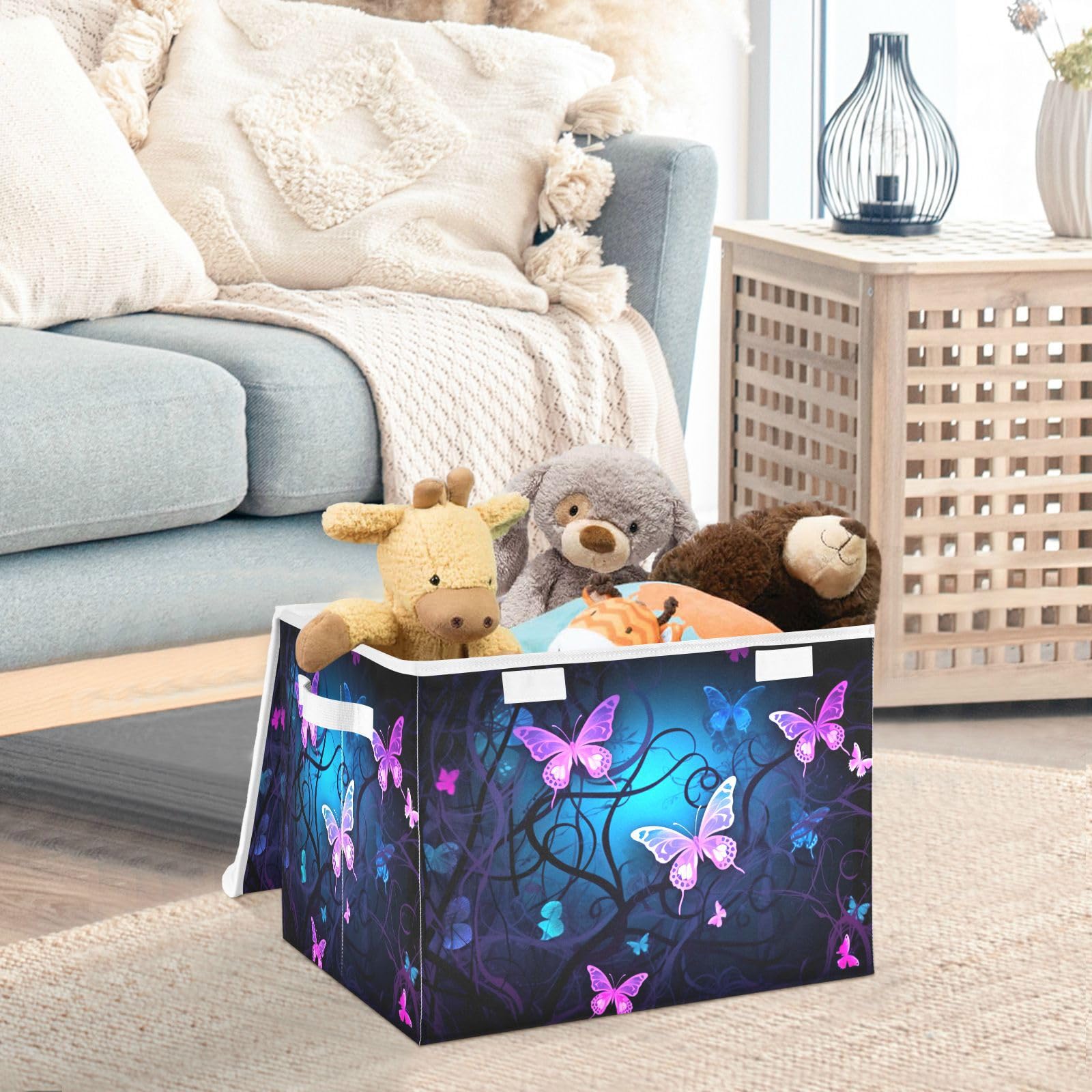 YETTASBIN Purple Blue Butterfly Storage Basket with Lid and Handles, Large Collapsible Fabric Storage Bins Durable Storage Organizer for Shelves, Closet, Bedroom, School, Office, Home Decor