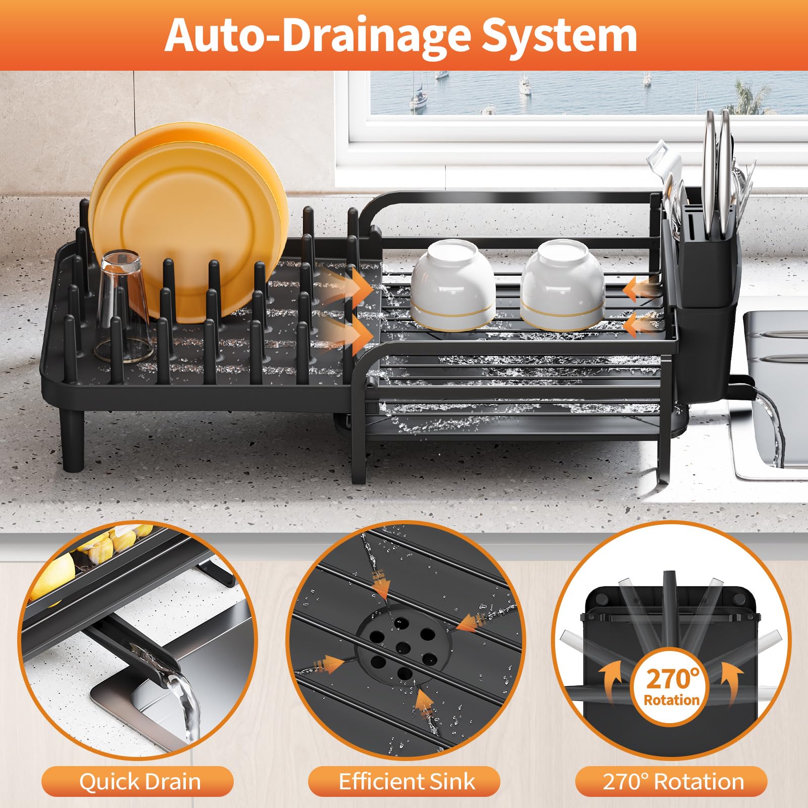 Urackify Extendable Dish Drying Rack for Kitchen Counter, Expandable Dish Rack with Plates, Glasses, Mugs, Drainboard, Pans & Pots Holder, Multifunctional Dish Dryer Drainer with 360° Swivel Spout