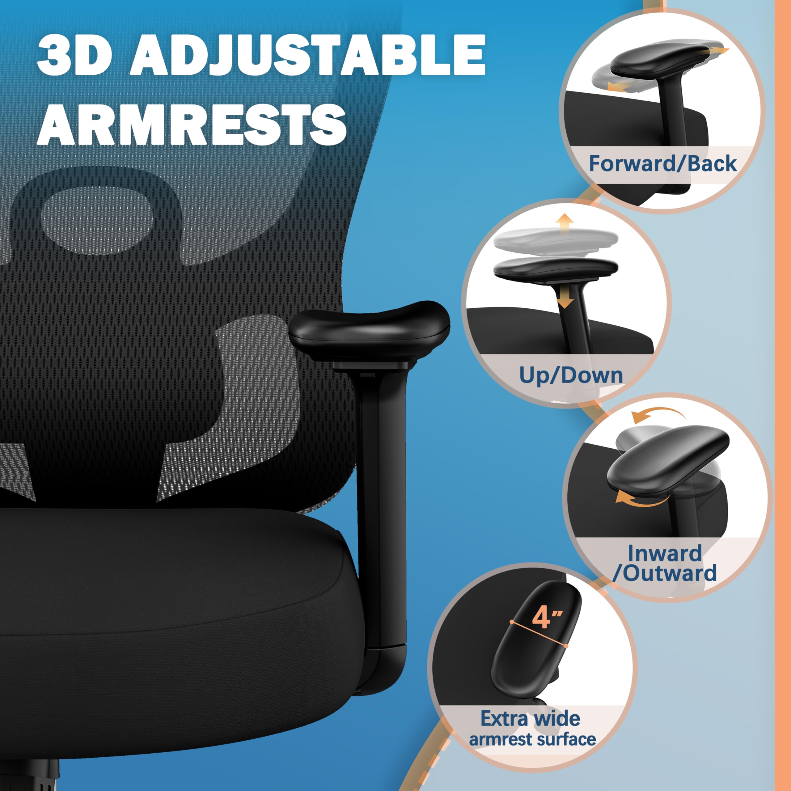 ELABEST Ergonomic Office Chair,Home Desk Chair with Mesh Back,Adjustable Lumbar Support,Built-in Springs Wide Seat,Executive Task Chair with 3-D Big Armrests,Tilt Function,Computer Desk Chair