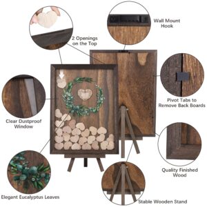 Aodaer Wedding Guest Book Alternative Drop Top Frame Heart Drop Wood Guest Book with Stand 122 Wooden Hearts Pens Box Mini Blackboard Rustic Wedding Decorations for Reception Baby Shower, Brown