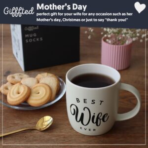 Triple Gifffted Worlds Best Wife Ever Coffee Mug and Socks Gifts For Women From Husband For Valentines For Her Birthday Wedding Anniversary Christmas Mothers Day, Ceramic, Cream, 380ML