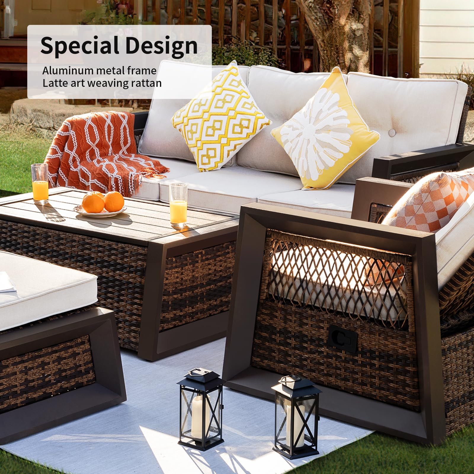 6 Pcs Outdoor Furniture Set, Patio Furniture with Aluminum Frame, Wicker Recliner Chairs with Ottomans, Modern Outdoor Conversation Set Sectional Sofa, Rattan Patio Set with Storage Table (Brown)