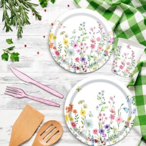 122PCS Wildflower Baby Shower Party Supplies for Girls First Birthday Spring Floral Wedding Party Decorations Disposable Plates Napkin Cups Tablecloth Banner Tableware Set for 20 Guests