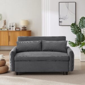 Modern Convertible Pull-out Sofa Bed with Adjustable Backrest, 2 Seat Loveseat Sofa Couch, Corduroy Fabric Sleeper Sofa with 2 Throw Pillows and USB Ports for Living Room Office (DARK GREY-2)