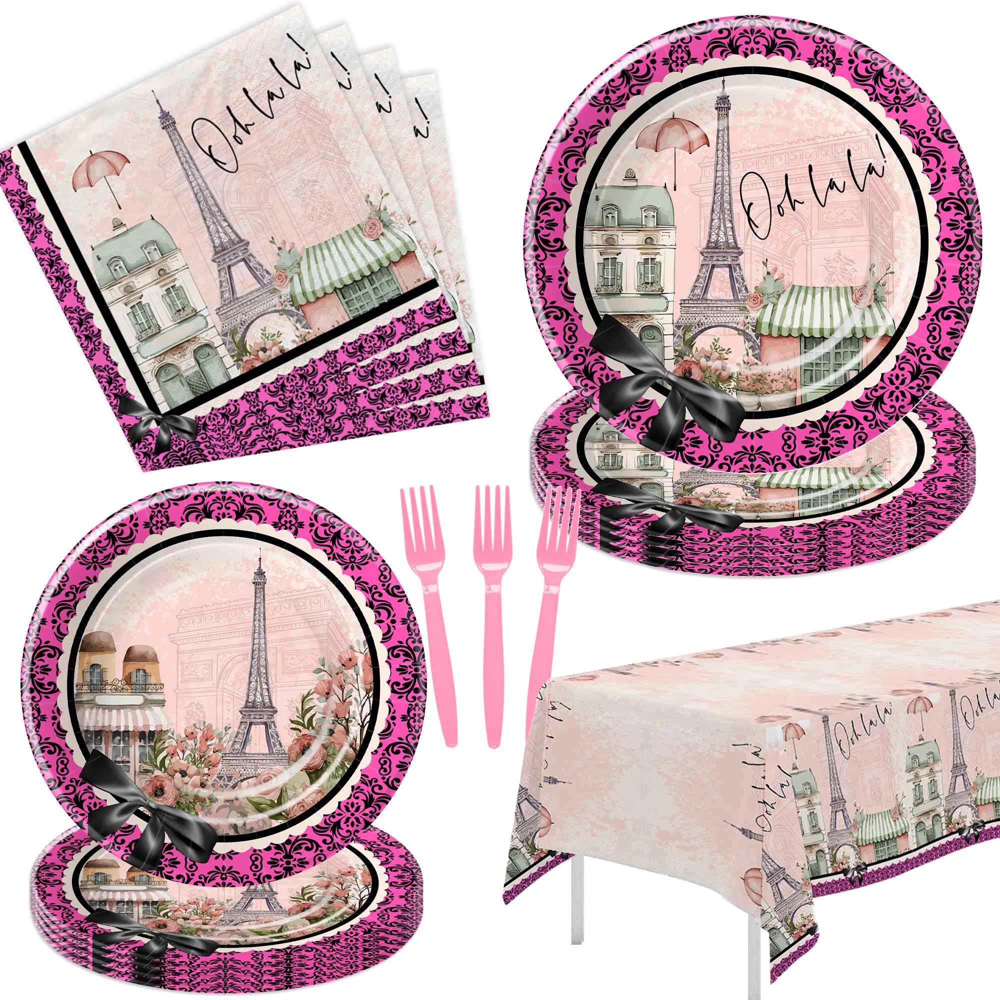 YJRJSC Eiffel Tower Paris Party Decorations Girl - Paris Theme Party Tableware, Paper Plate, Napkin, Tablecloth, Disposable Fork, Paris Birthday Baby Shower Bridal Weddings Party Supplies | Serves 24