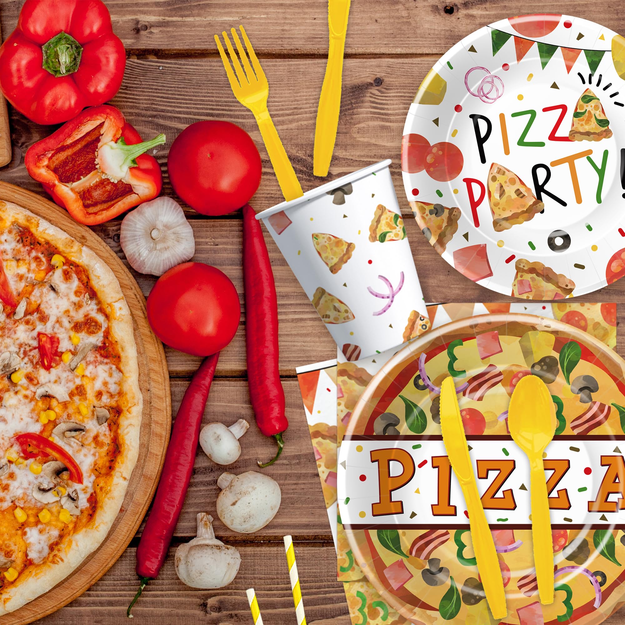 YJRJSC Pizza Birthday Party Supplies, Pizza Party Decorations Dinnerware, Paper Dinner Plate, Dessert Plate, Cup, Napkin, Disposable Fork, Pizza Theme Baby Shower Table Decorations Tableware, Serve 24