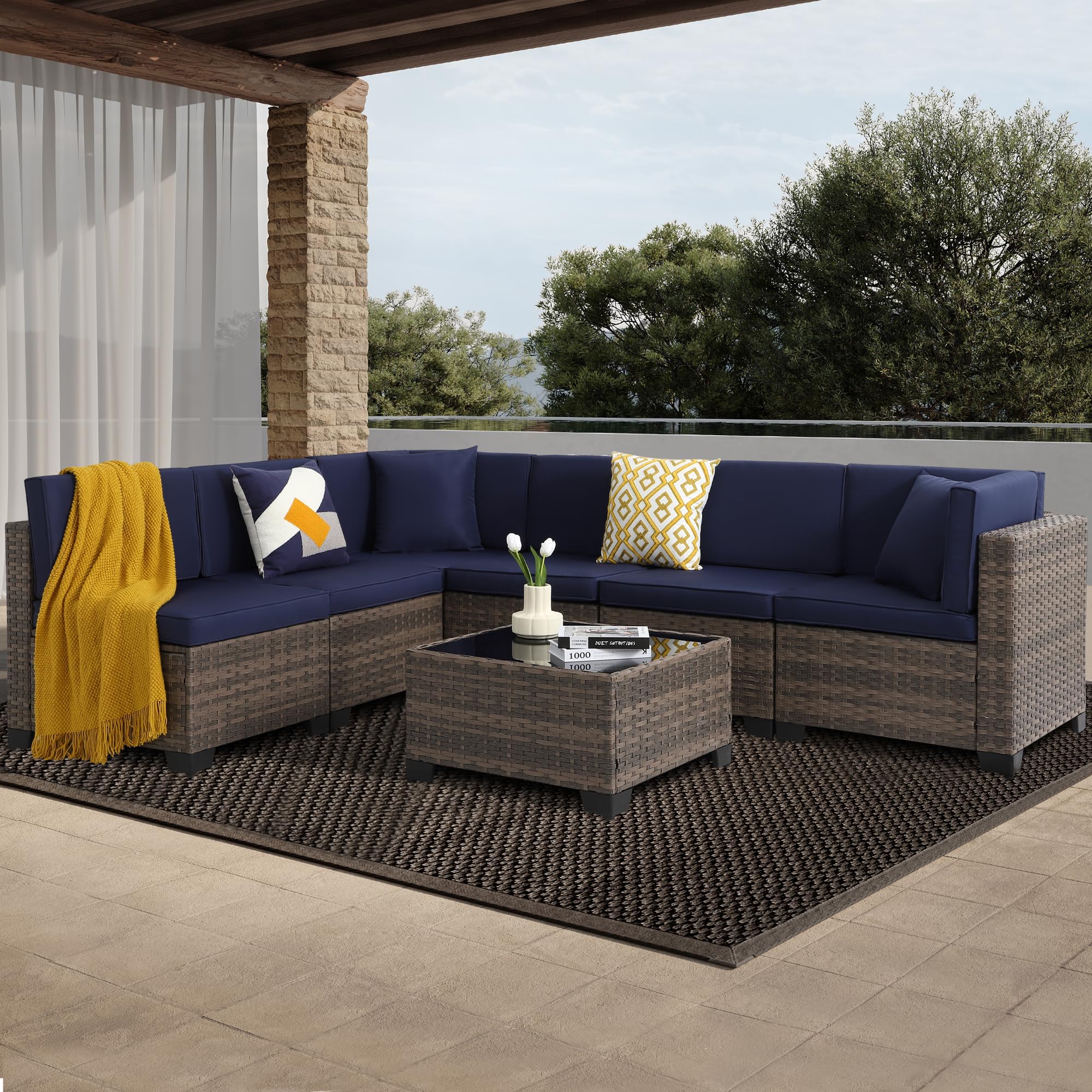 LOUVIXA 7 Pcs Outdoor Patio Furniture Set, Outdoor Sectional Furniture, Rattan Chairs Glass Table Wicker Conversation Seating Sectional Sofa with Cushions Multicolor (Navy/Brown-BackA, 7 Piece)