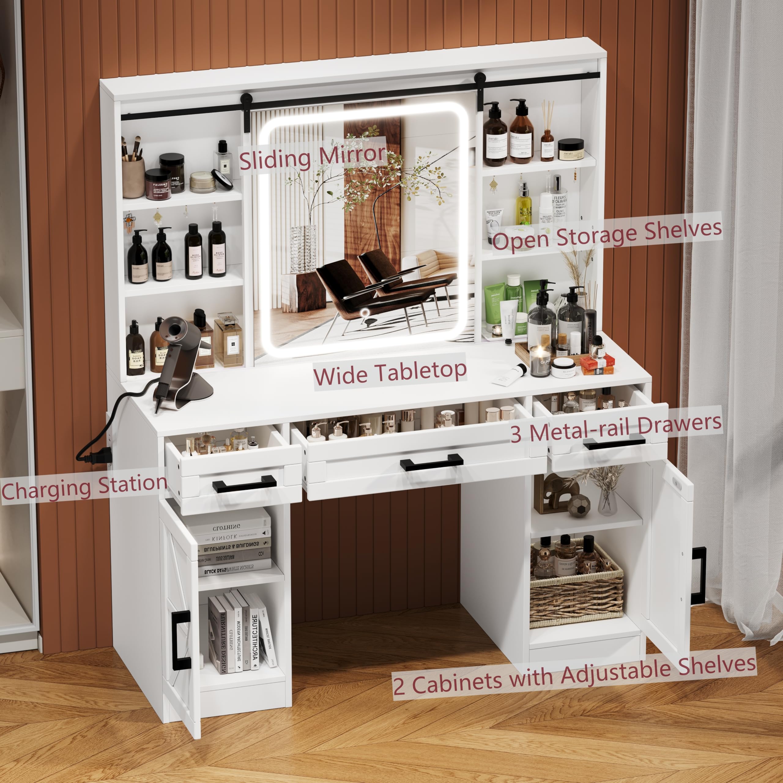 Irontar Farmhouse Makeup Vanity Desk with Sliding Mirror & Charging Station, Vanity Table with Lights & Hidden Storage Shelves, Makeup Desk with 3 Drawers and 2 Cabinets, White WDT009W